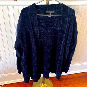 Chenille fabric navy blue cardigan with ribbing detail